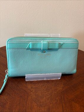 kate spade  zip-around wallet long wallet/bow accent pebbled, leather turquoise